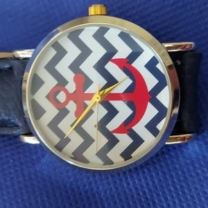 GENEVA Chevron Anchor Print Face Leather Blue Band Watch New